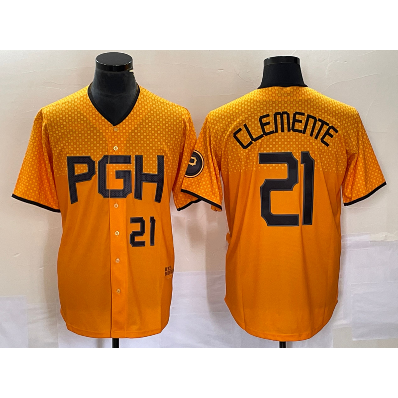 Pittsburgh Pirates #21 Roberto Clemente Number Gold KLUNKIM 2023 City Connect Stitched Jersey 2