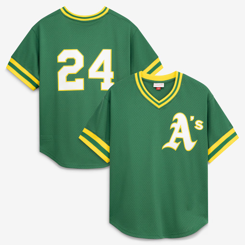 Oakland Athletics #24 Rickey Henderson Mitchell & Ness Green KLUNKIM Authentic Batting Practice Jersey 2