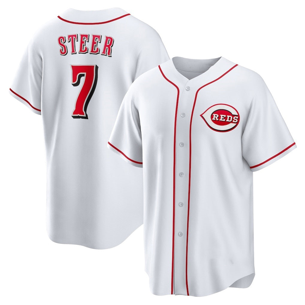 Cincinnati Reds #7 Spencer Steer White KLUNKIM Home Replica Jersey