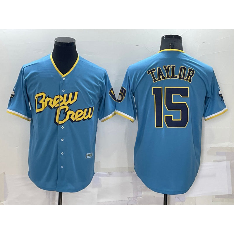 Milwaukee Brewers #15 Tyrone Taylor Blue KLUNKIM 2022 City Connect Cool Base Stitched Jersey