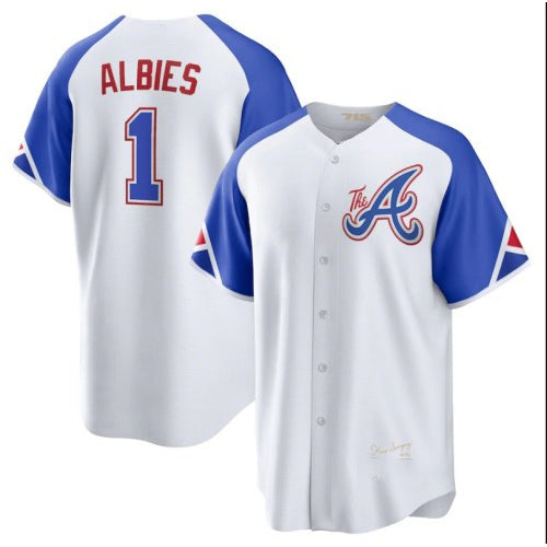 Atlanta Braves #1 Ozzie Albies White KLUNKIM 2023 City Connect Cool Base Stitched Jersey