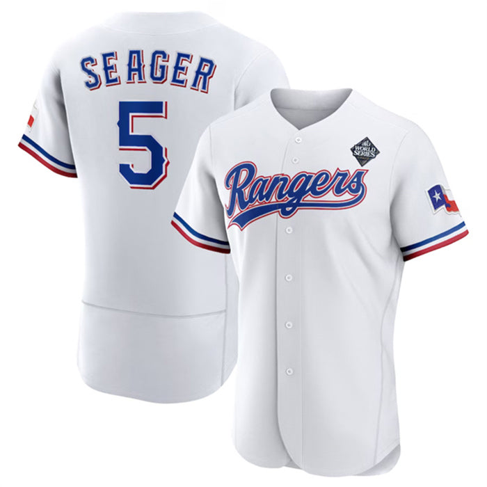 Texas Rangers #5 Corey Seager White KLUNKIM 2023 World Series Flex Base Stitched Jersey