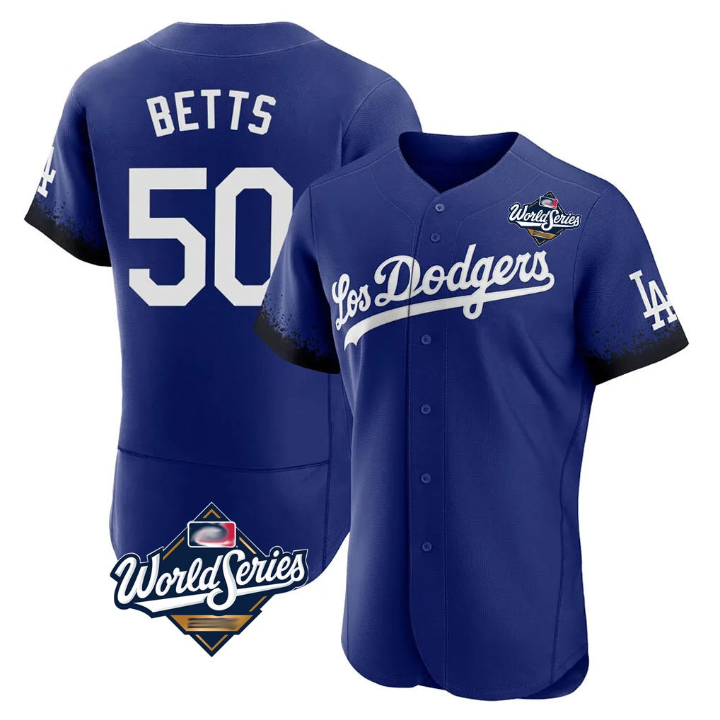 Los Angeles Dodgers #50 Mookie Betts Player Royal KLUNKIM World Series City Connect Elite Home Stitched Jerseys