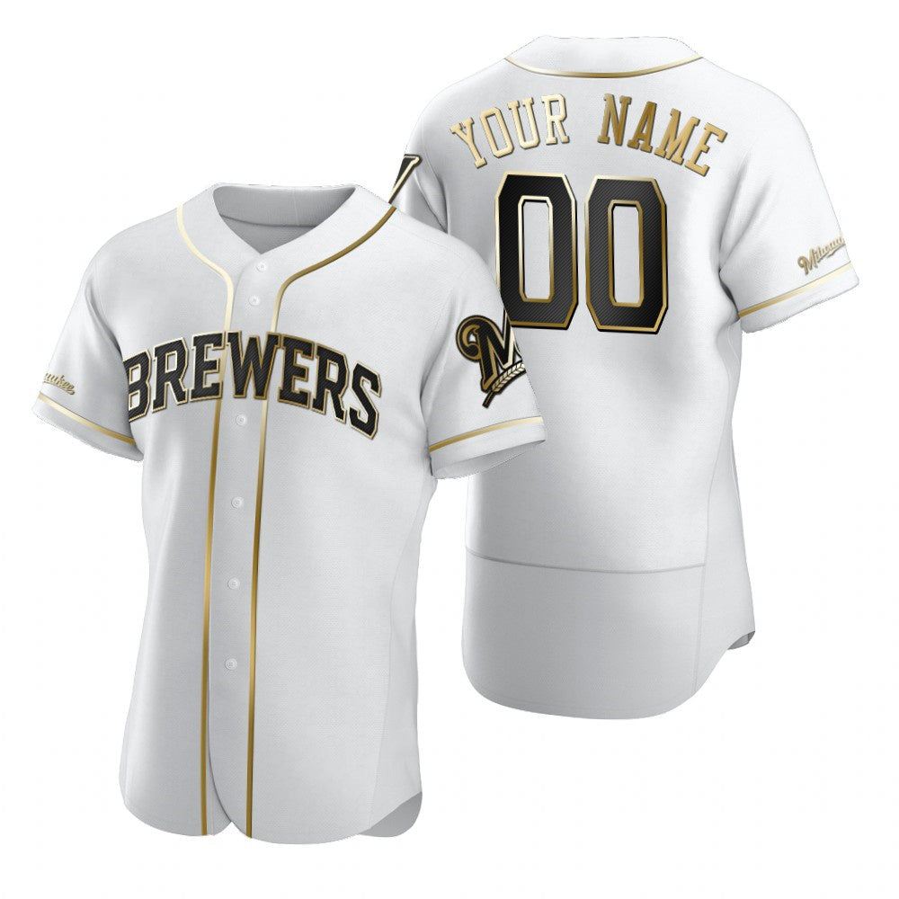 Custom Milwaukee Brewers White KLUNKIM Stitched Flex Base Golden Edition Jersey