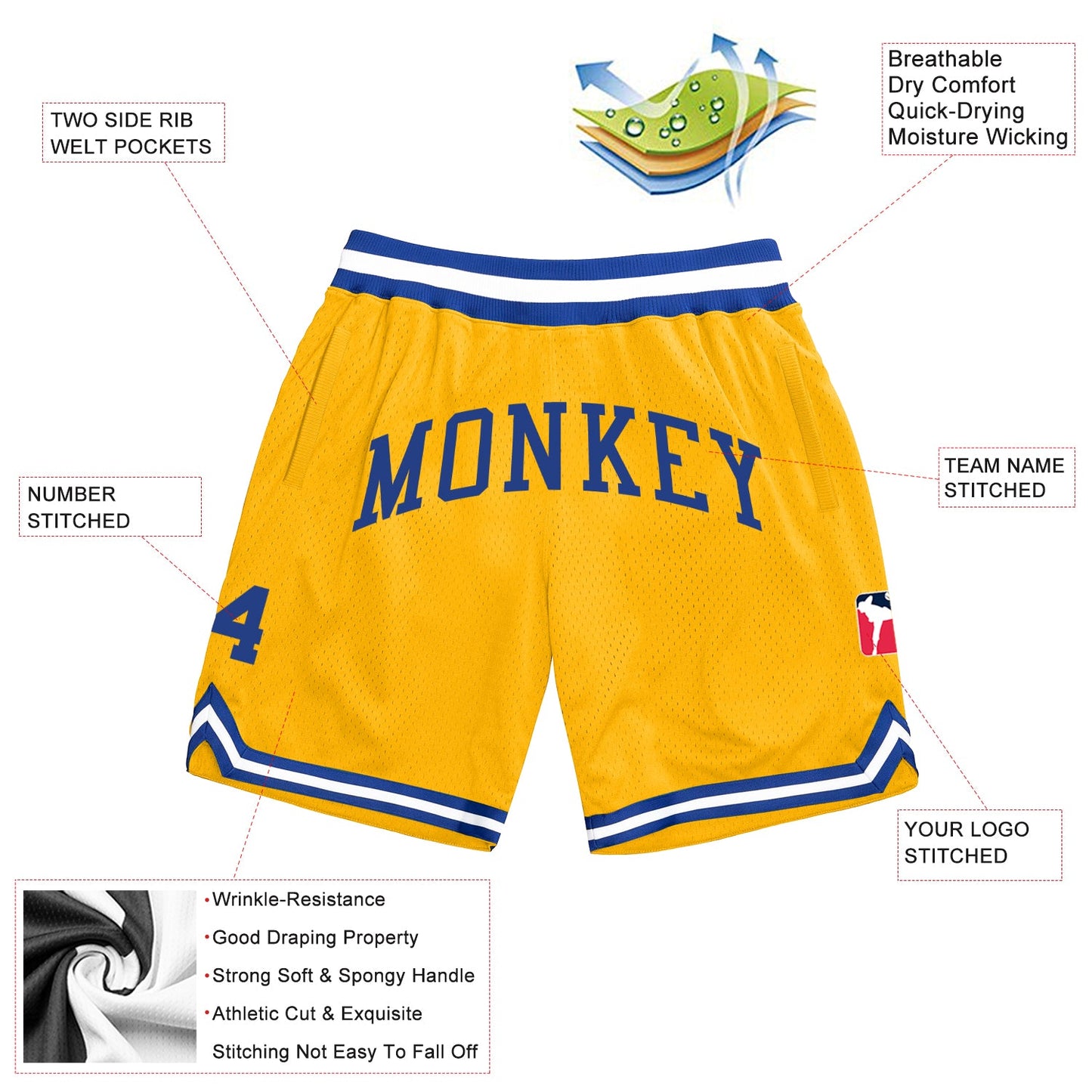 Custom Gold Royal-White Authentic Throwback Basketball Shorts