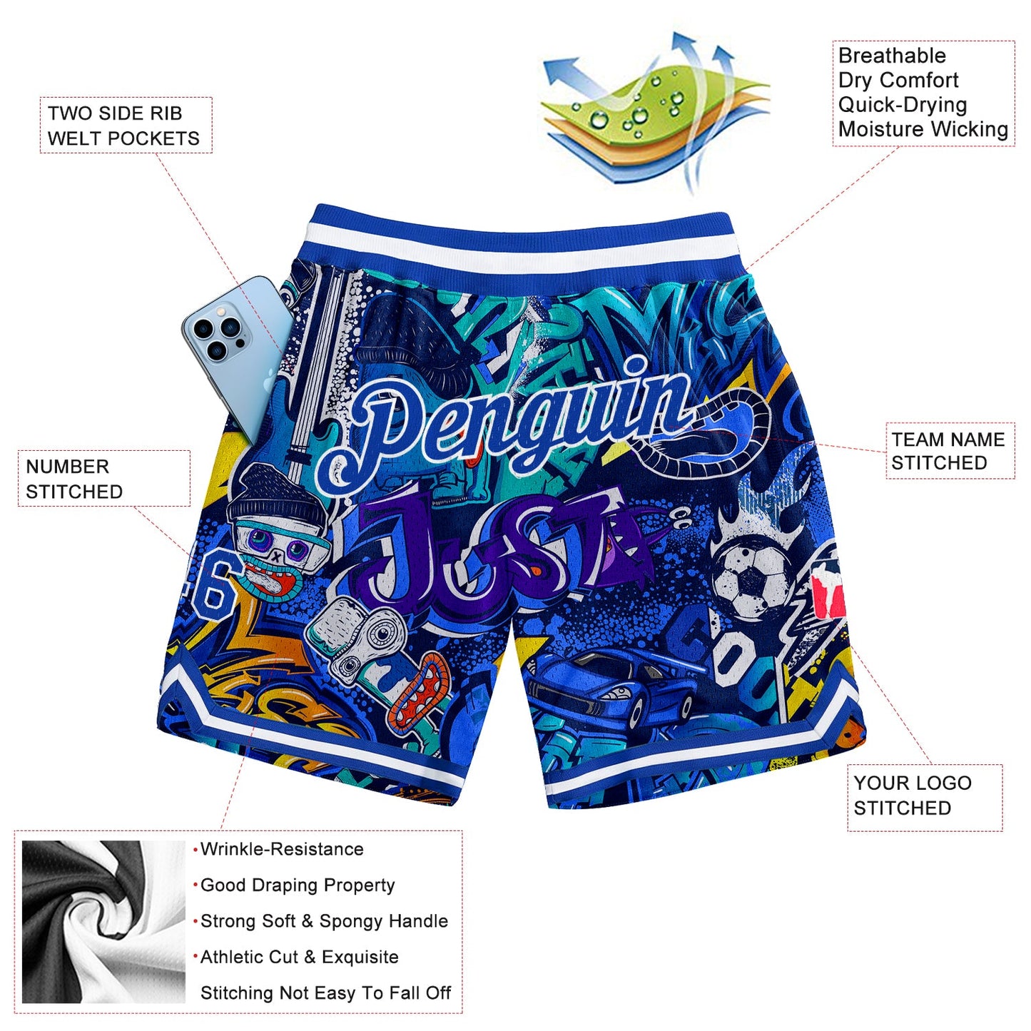 Custom Graffiti Pattern Royal-White 3D Authentic Basketball Shorts