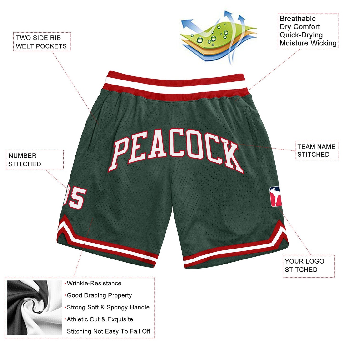 Custom Hunter Green White-Red Authentic Throwback Basketball Shorts