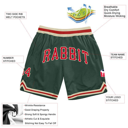 Custom Hunter Green Red-Cream Authentic Throwback Basketball Shorts