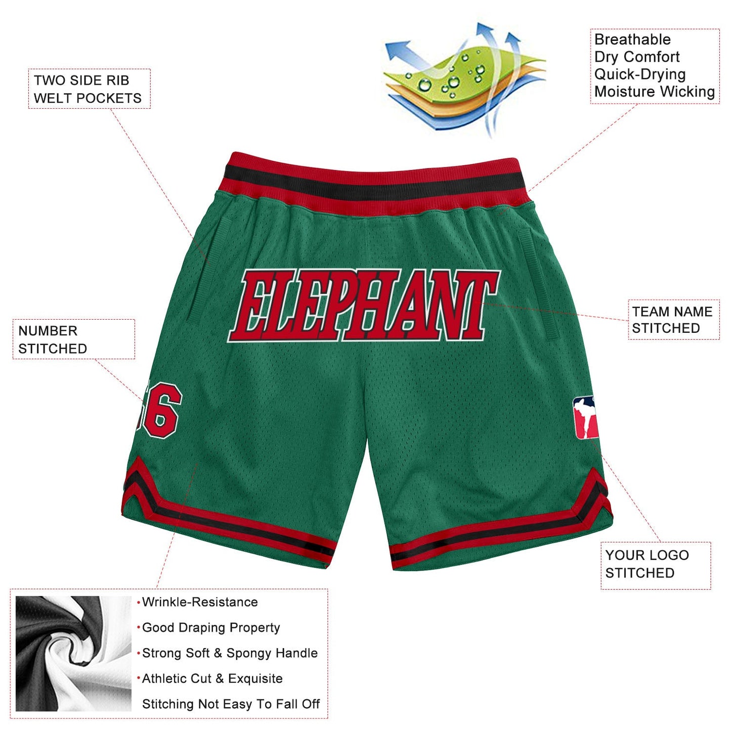 Custom Kelly Green Red-Black Authentic Throwback Basketball Shorts