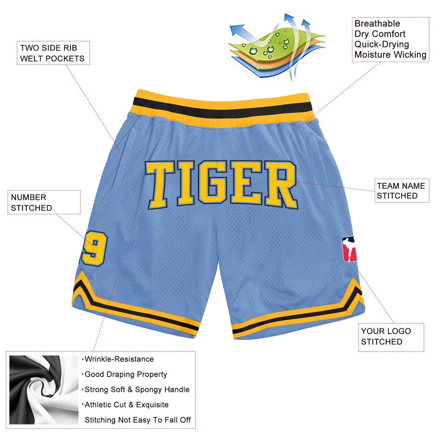 Custom Light Blue Gold-Black Authentic Throwback Basketball Shorts