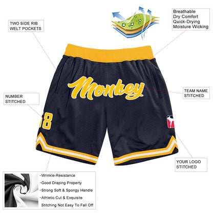 Custom Navy Gold-White Authentic Throwback Basketball Shorts