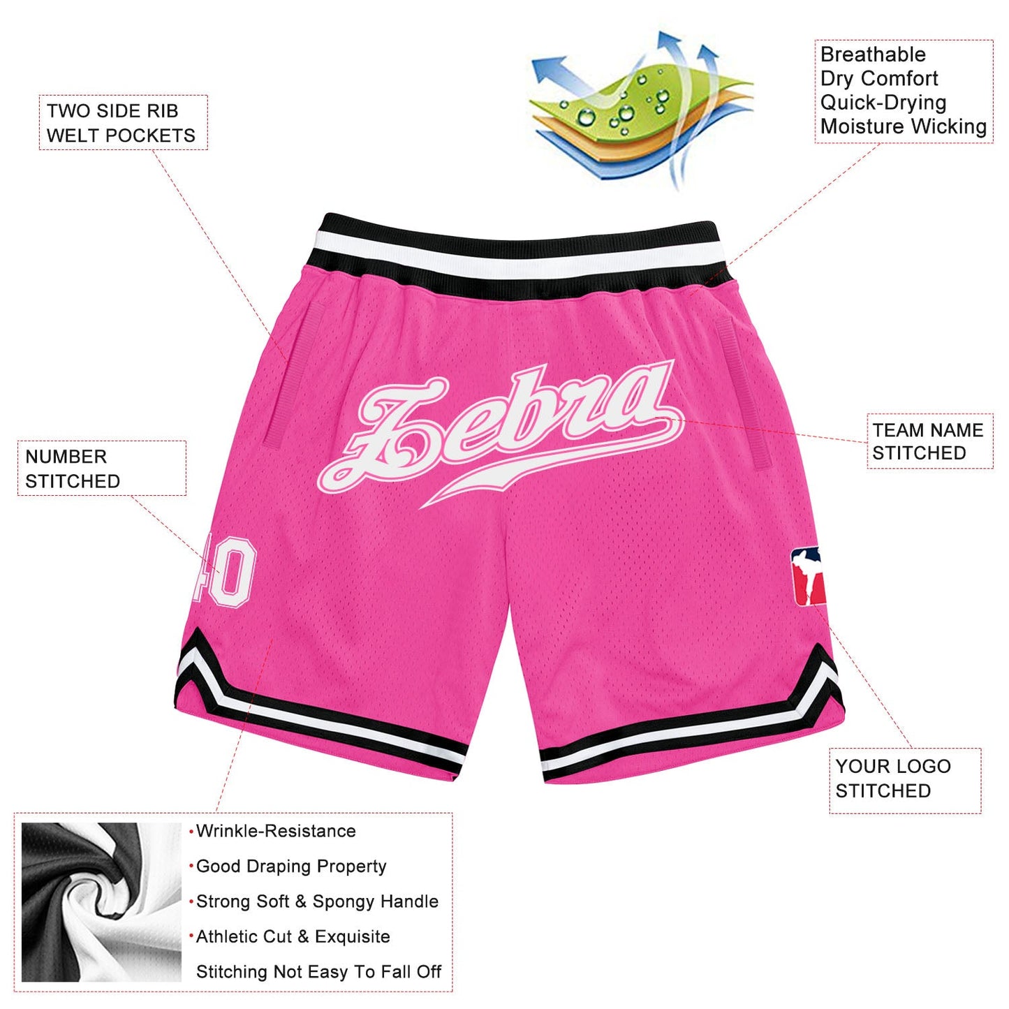 Custom Pink White-Black Authentic Throwback Basketball Shorts