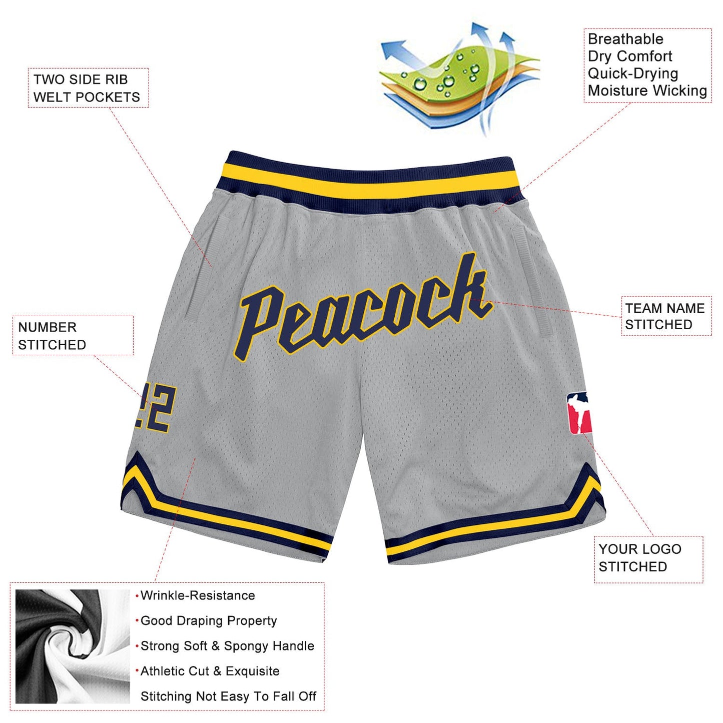 Custom Gray Navy-Gold Authentic Throwback Basketball Shorts