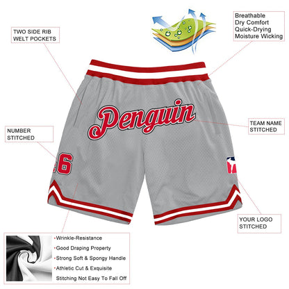 Custom Gray Red-White Authentic Throwback Basketball Shorts