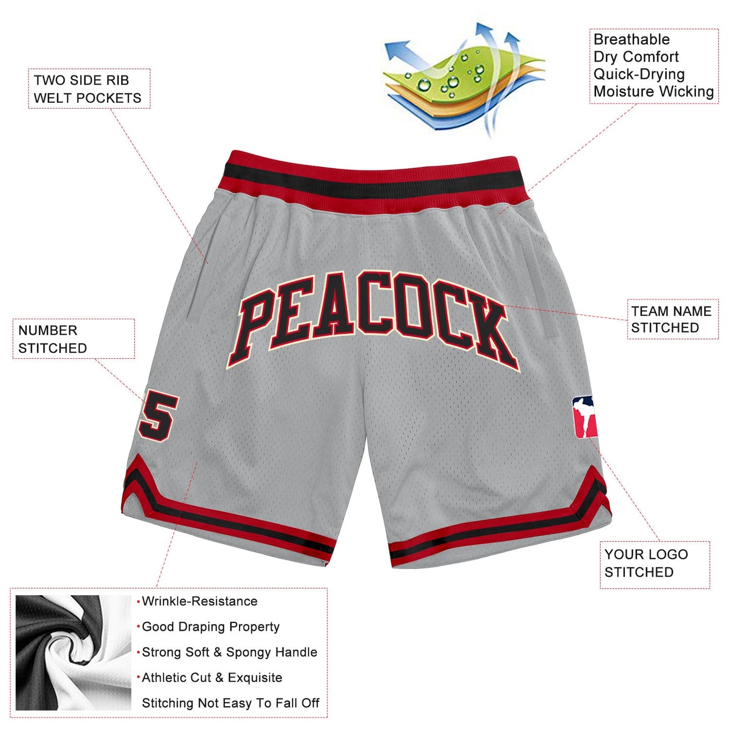 Custom Gray Black-Red Authentic Throwback Basketball Shorts