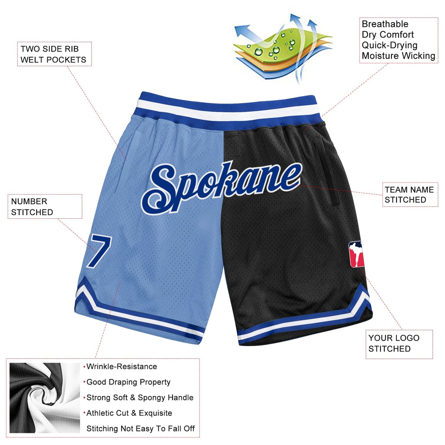 Custom Light Blue Royal-Black Authentic Throwback Split Fashion Basketball Shorts