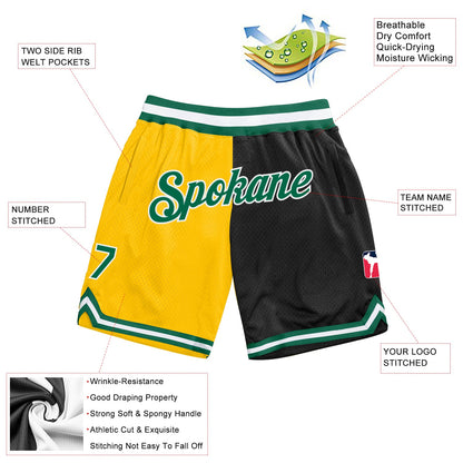 Custom Gold Kelly Green-Black Authentic Throwback Split Fashion Basketball Shorts