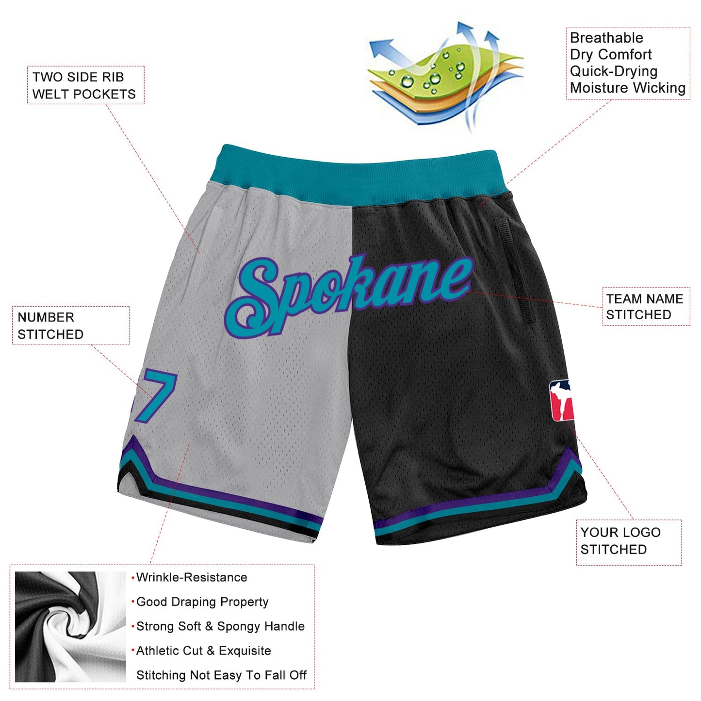 Custom Gray Teal-Black Authentic Throwback Split Fashion Basketball Shorts