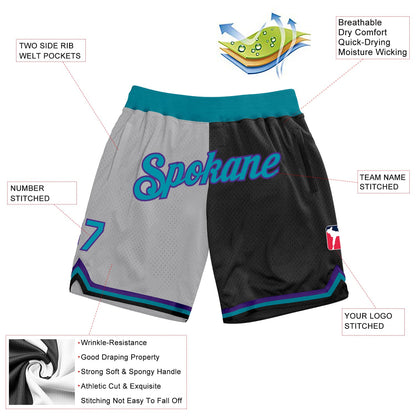 Custom Gray Teal-Black Authentic Throwback Split Fashion Basketball Shorts