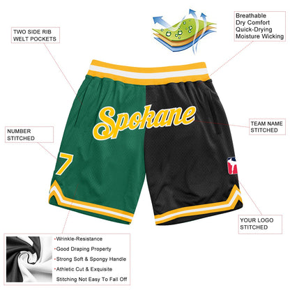 Custom Kelly Green Gold-Black Authentic Throwback Split Fashion Basketball Shorts