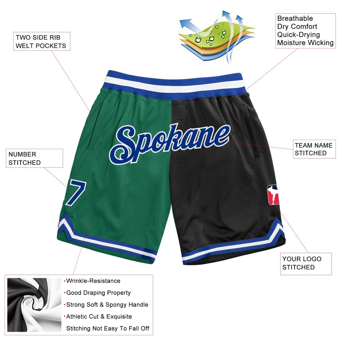 Custom Kelly Green Royal-Black Authentic Throwback Split Fashion Basketball Shorts