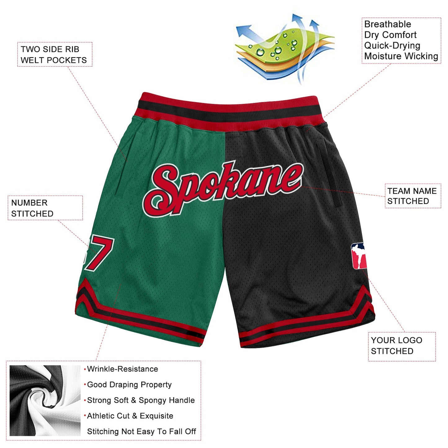 Custom Kelly Green Red-Black Authentic Throwback Split Fashion Basketball Shorts