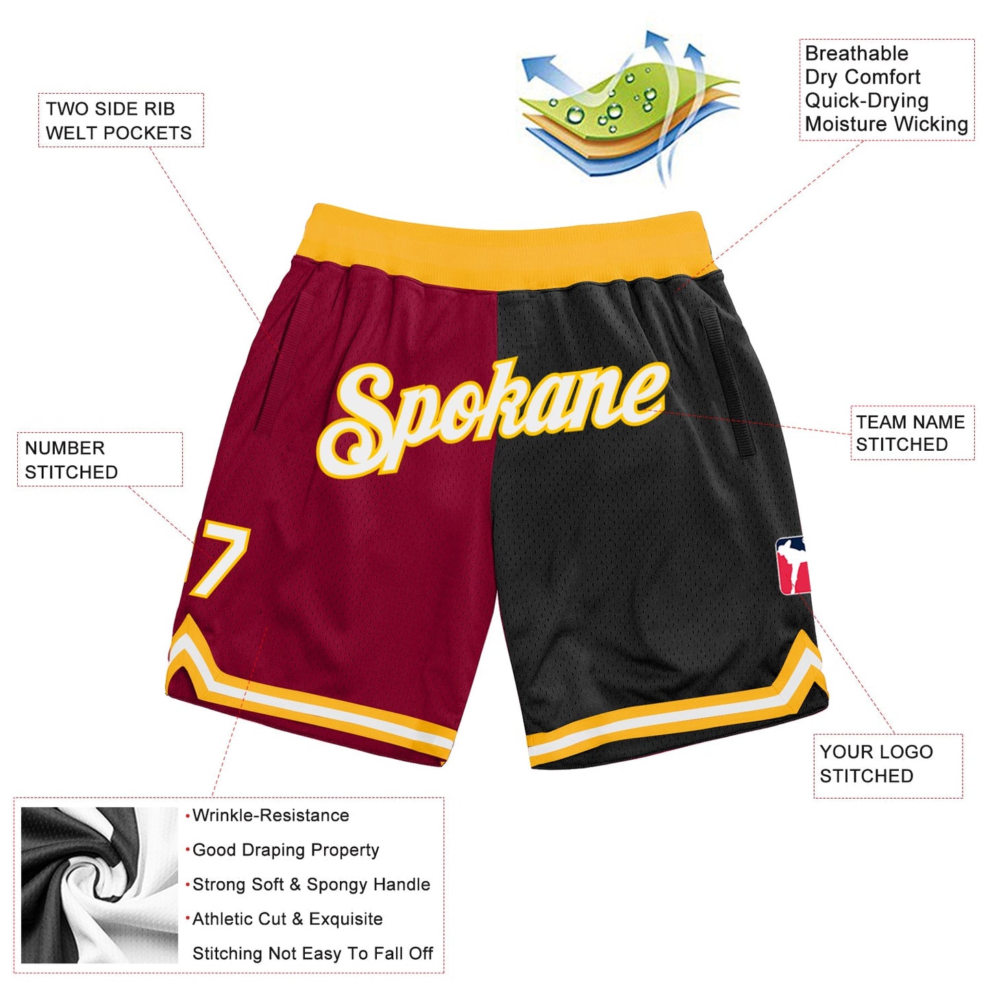 Custom Maroon White-Black Authentic Throwback Split Fashion Basketball Shorts