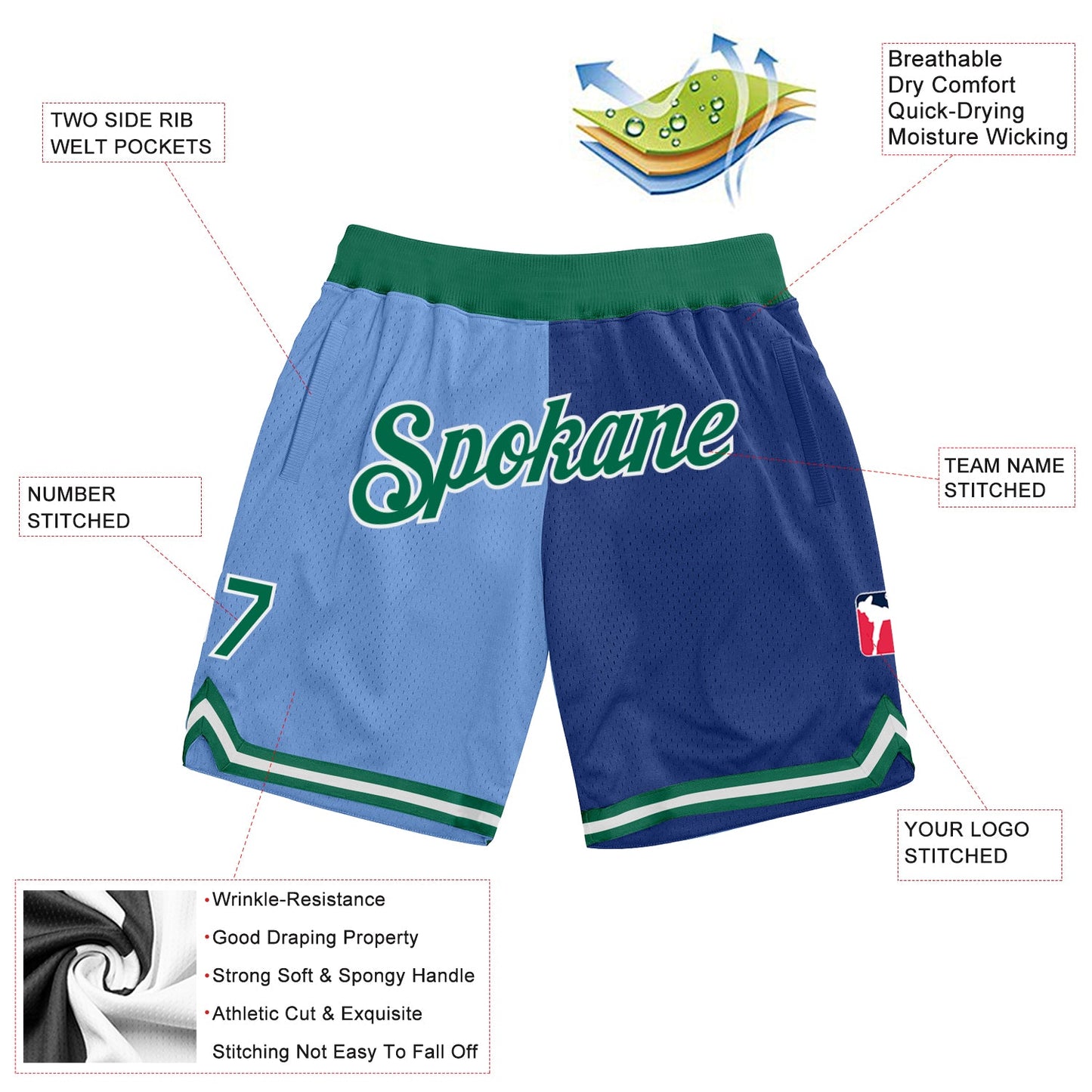 Custom Light Blue Kelly Green-Royal Authentic Throwback Split Fashion Basketball Shorts