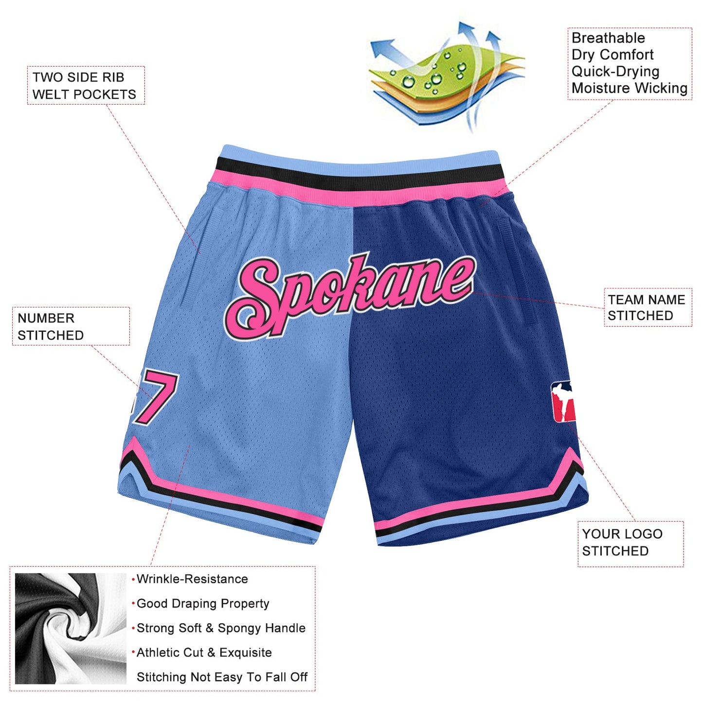 Custom Light Blue Pink-Royal Authentic Throwback Split Fashion Basketball Shorts