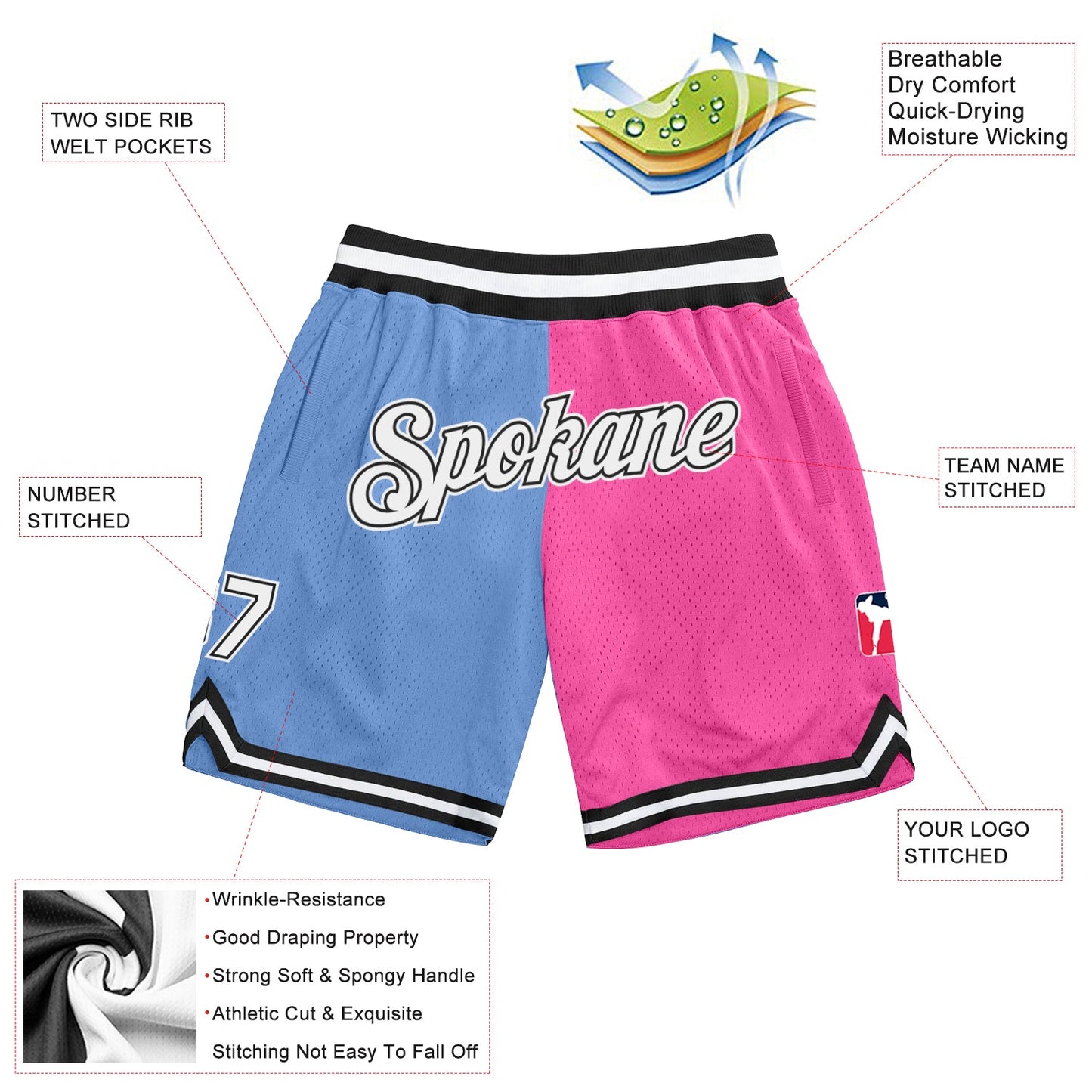 Custom Light Blue White-Pink Authentic Throwback Split Fashion Basketball Shorts