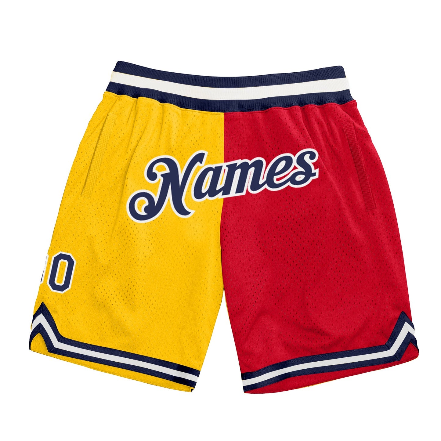 Custom Gold Navy-Red Authentic Throwback Split Fashion Basketball Shorts