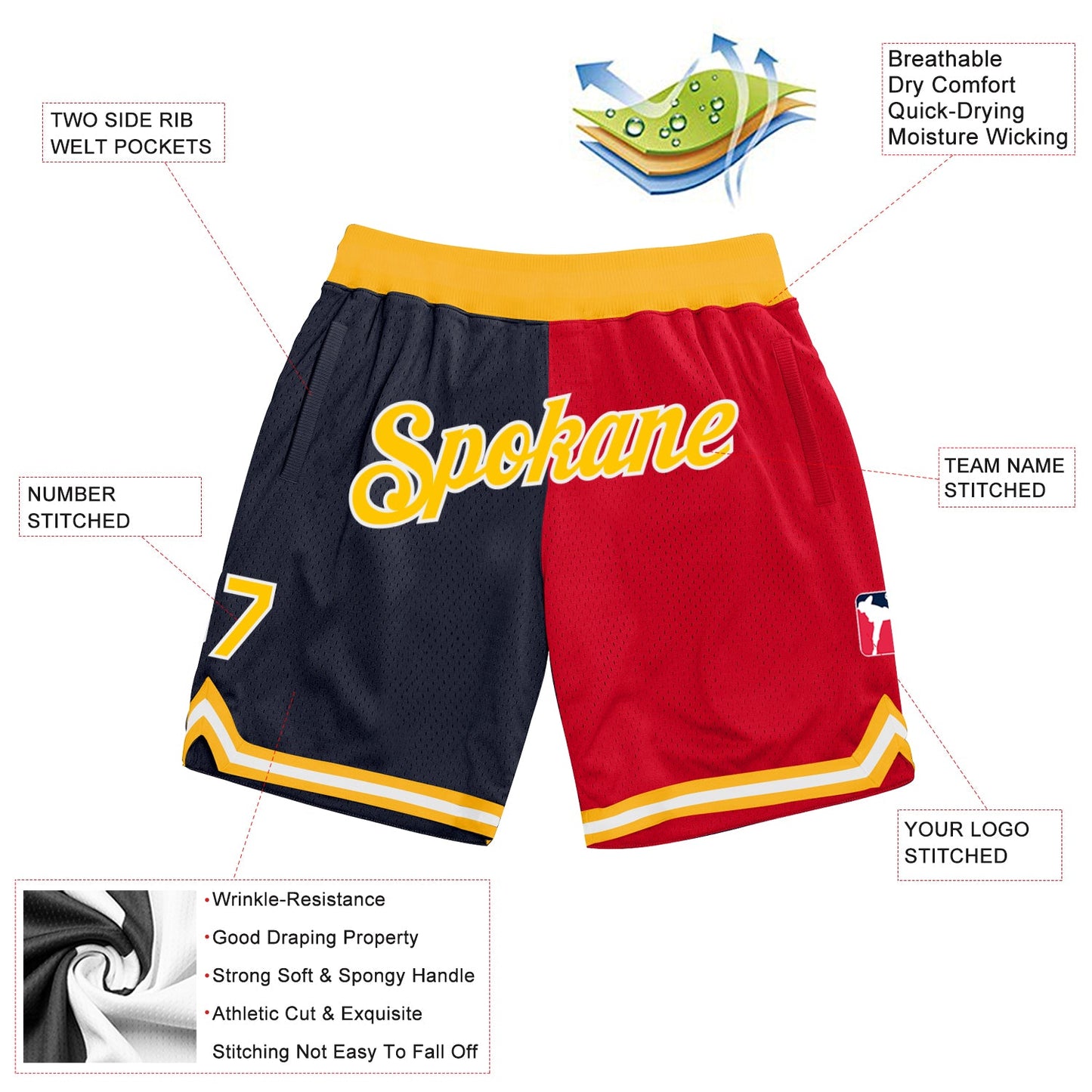 Custom Navy Gold-Red Authentic Throwback Split Fashion Basketball Shorts