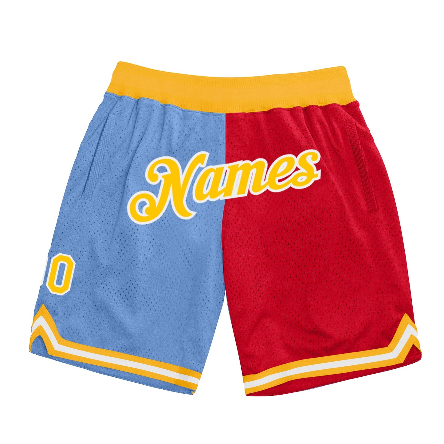 Custom Light Blue Gold-Red Authentic Throwback Split Fashion Basketball Shorts