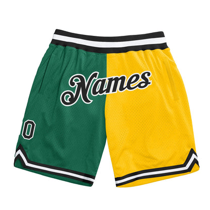 Custom Kelly Green Black-Gold Authentic Throwback Split Fashion Basketball Shorts