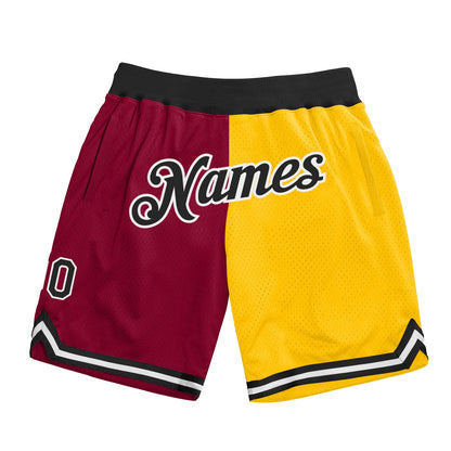 Custom Maroon Black-Gold Authentic Throwback Split Fashion Basketball Shorts