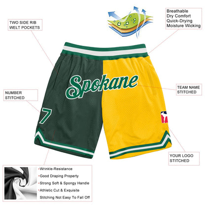 Custom Hunter Green Kelly Green-Gold Authentic Throwback Split Fashion Basketball Shorts