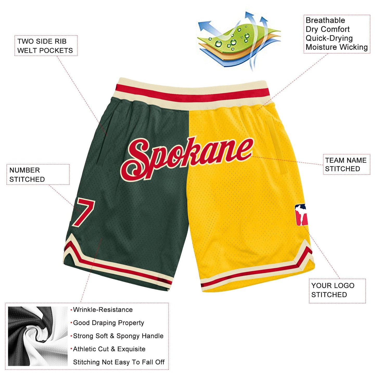 Custom Hunter Green Red-Gold Authentic Throwback Split Fashion Basketball Shorts