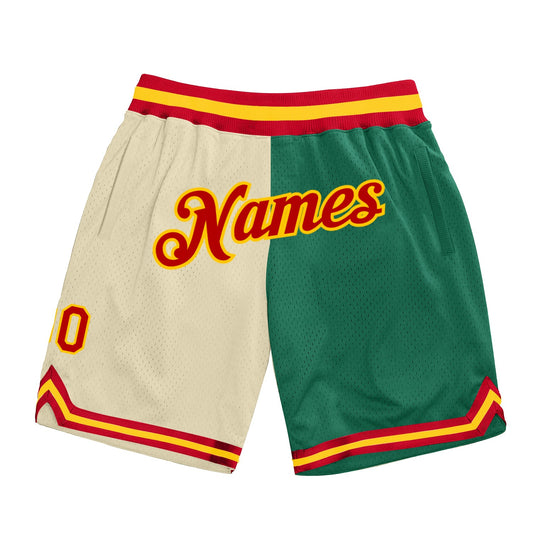 Custom Cream Red-Kelly Green Authentic Throwback Split Fashion Basketball Shorts