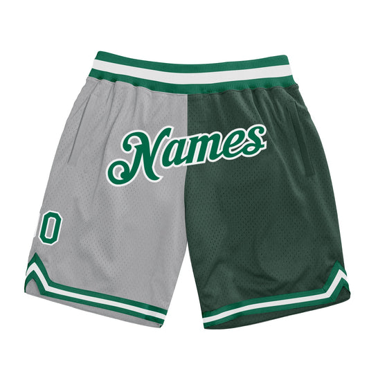 Custom Gray Kelly Green-Hunter Green Authentic Throwback Split Fashion Basketball Shorts