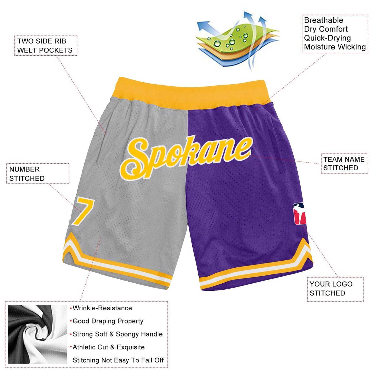 Custom Gray Gold-Purple Authentic Throwback Split Fashion Basketball Shorts