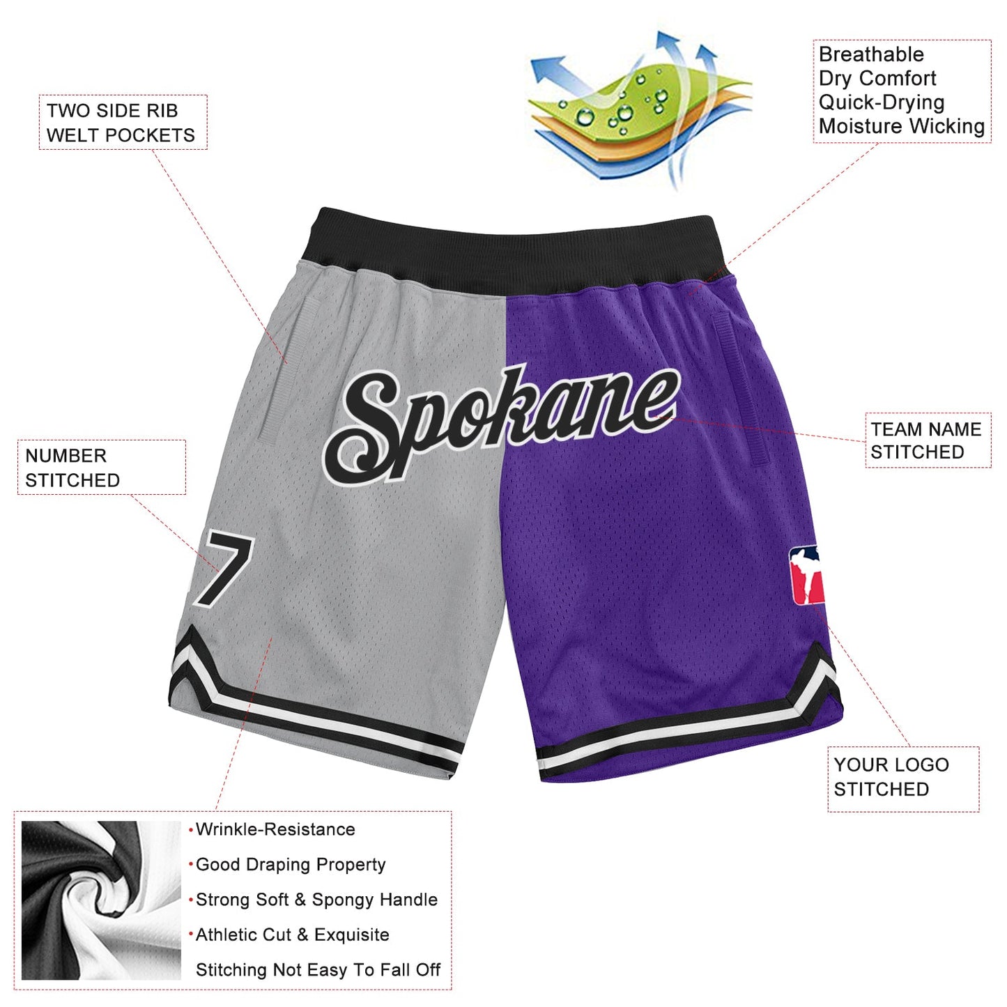 Custom Gray Black-Purple Authentic Throwback Split Fashion Basketball Shorts