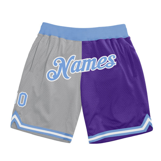 Custom Gray Light Blue-Purple Authentic Throwback Split Fashion Basketball Shorts