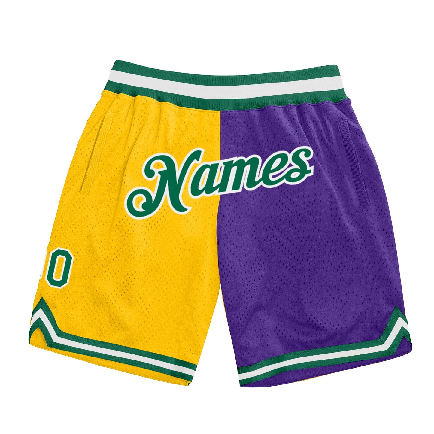 Custom Gold Kelly Green-Purple Authentic Throwback Split Fashion Basketball Shorts