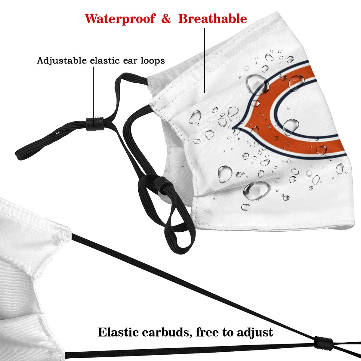 Print Football Personalized White Chicago Bears Adult Dust Mask With Filters PM 2.5