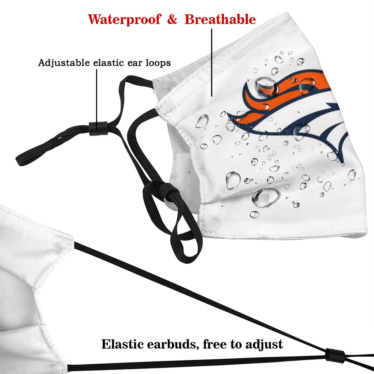 White Print Football Personalized Denver Broncos Adult Dust Mask With Filters PM 2.5