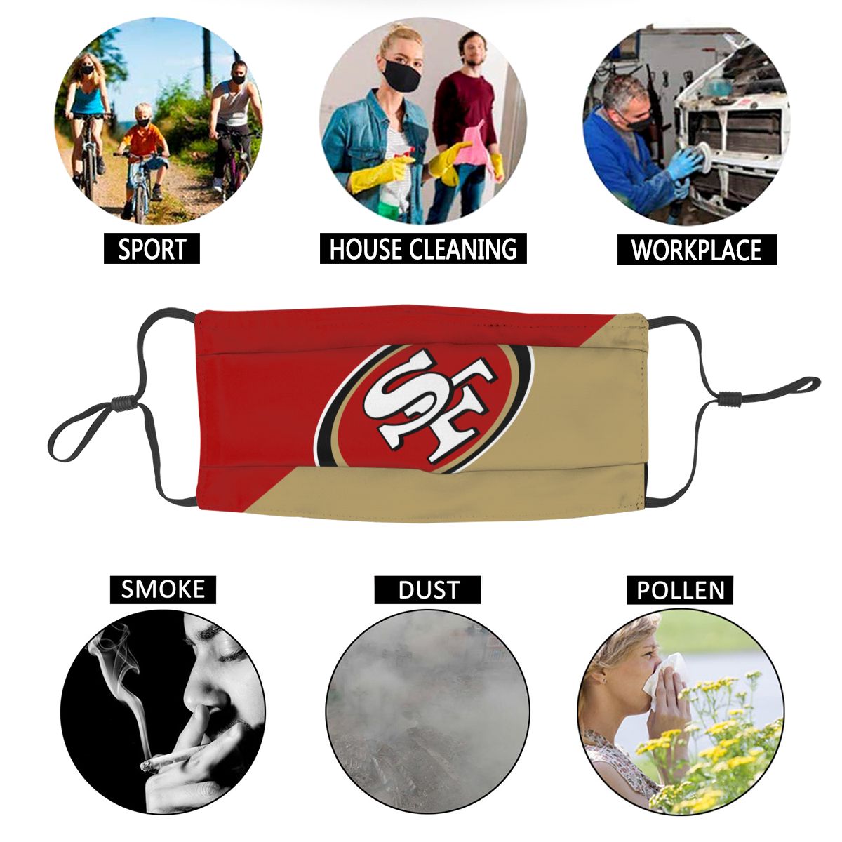 Custom Football Personalized San Francisco 49ers Dust Face Mask With Filters PM 2.5