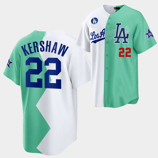 Baseball #22 Clayton Kershaw Los Angeles Dodgers White Green 2022 Stitched Split Jersey