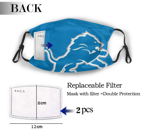 Print Football Personalized Detroit Lions Adult Dust Mask With Filters PM 2.5