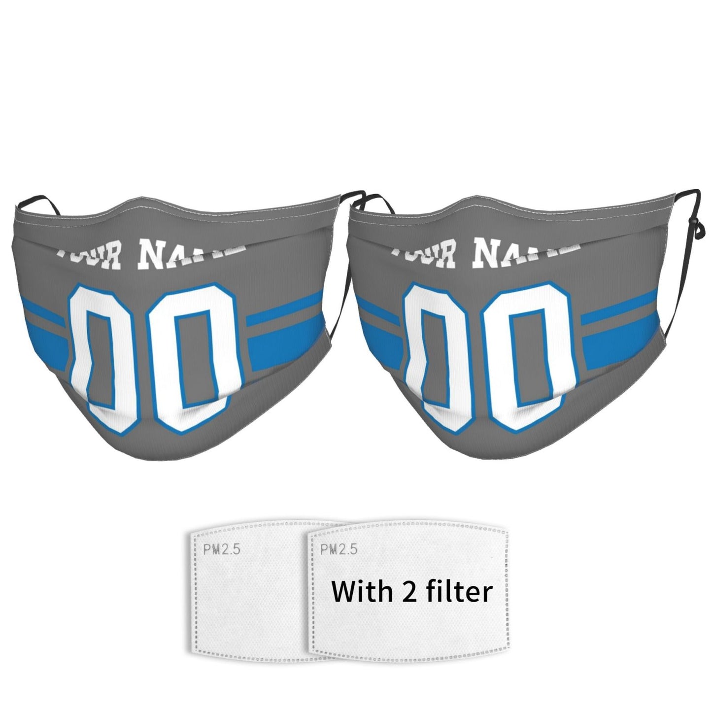 2-Pack Detroit Lions Face Covering Football Team Decorative Adult Face Mask With Filters PM 2.5 Gray