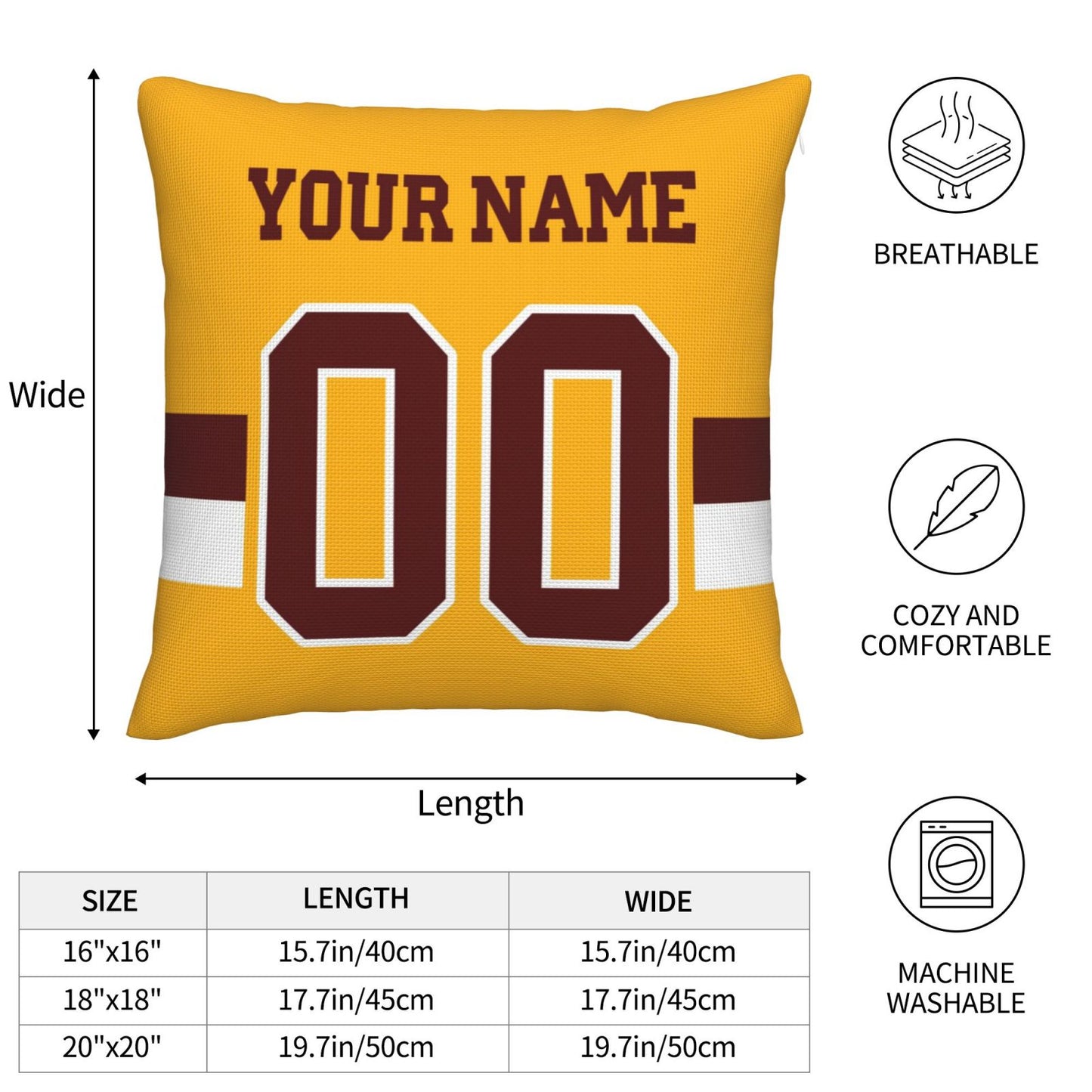 Custom Gold Washington Commanders Decorative Throw Pillow Case - Print Personalized Football Team Fans Name & Number Birthday Gift